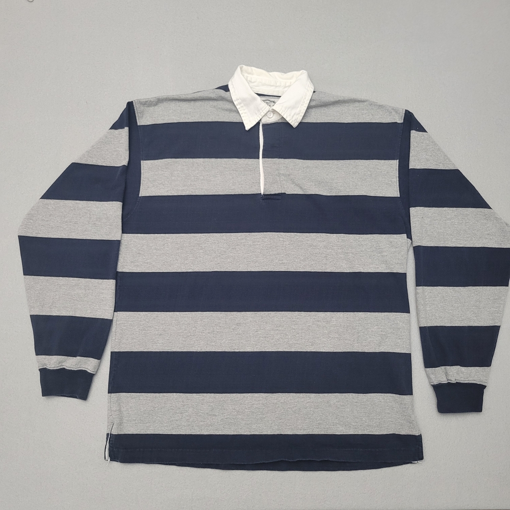Classic Navy & Gray Striped Rugby Shirt with White Collar - Men